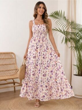 GRACE KARIN Floral Smocked Ruffle Maxi Dress Size S